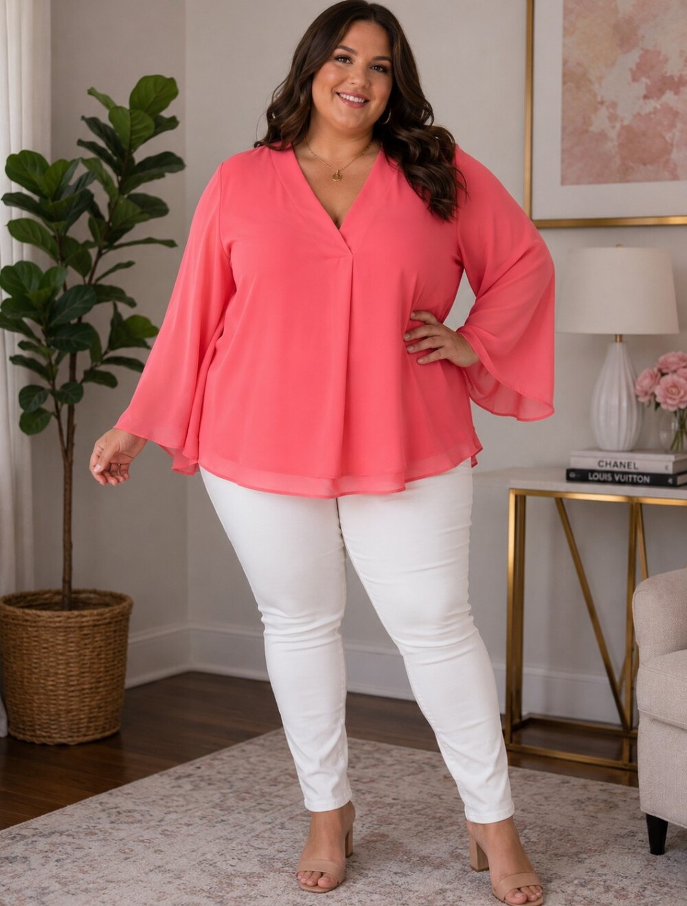 NIC+ZOE Coral V-Neck Flowing Long-Sleeve Blouse